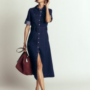 Denim Midi Shirt Dress-Indigo