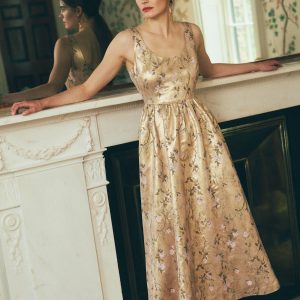 Scoop Neck Fit and Flare Dress-Gold Jacquard