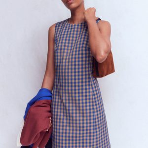 Lou Check Shift Dress-Camel. Blue Gingham