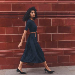 Pleated Jersey Midi Dress-Navy