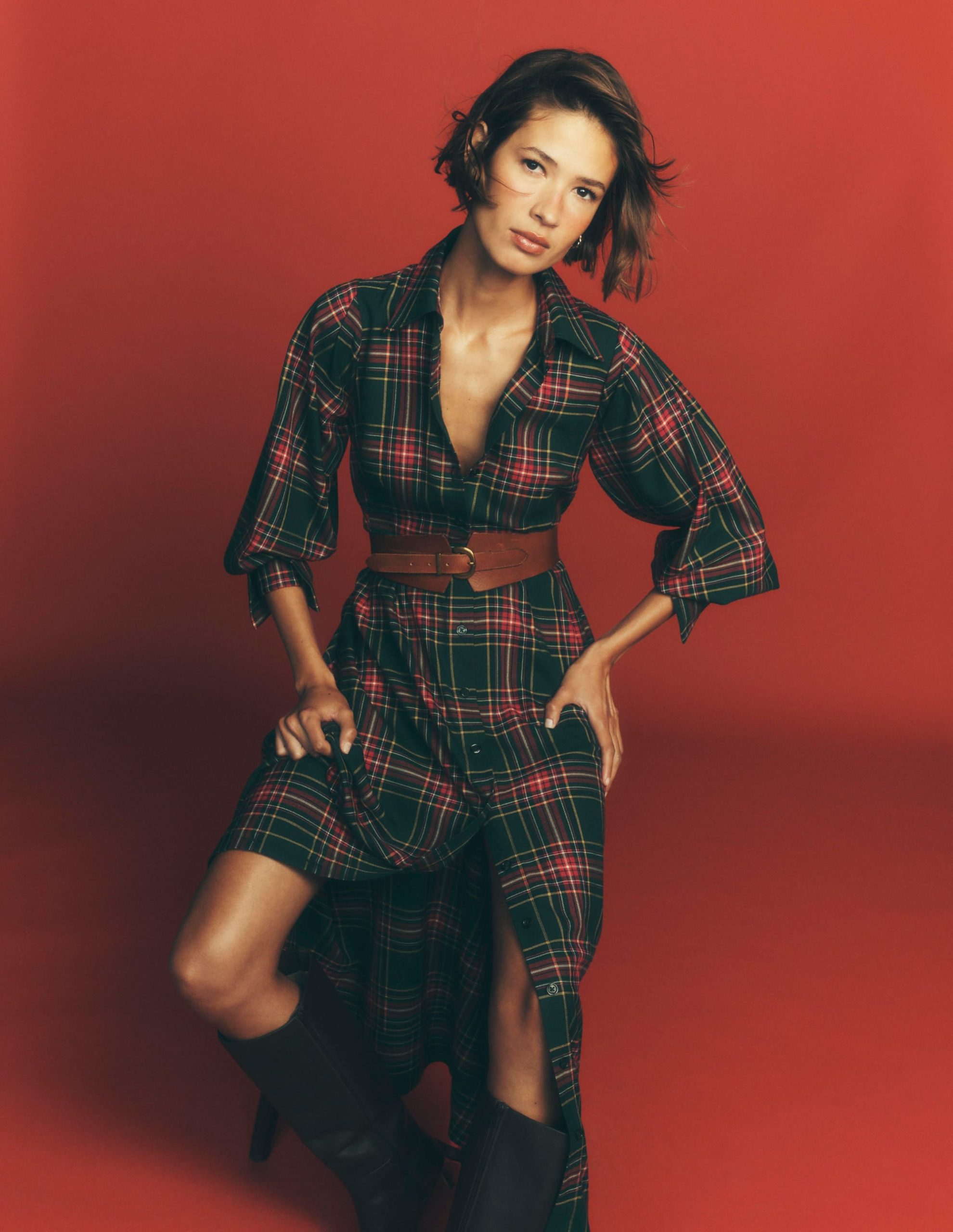 Maeve Check Midi Shirt Dress-Green. Navy and Red Check