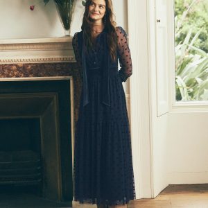 Tie Neck Tiered Tulle Dress-Navy