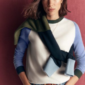 Meg Raglan Sleeve Sweater-Ivory. Blue and Green