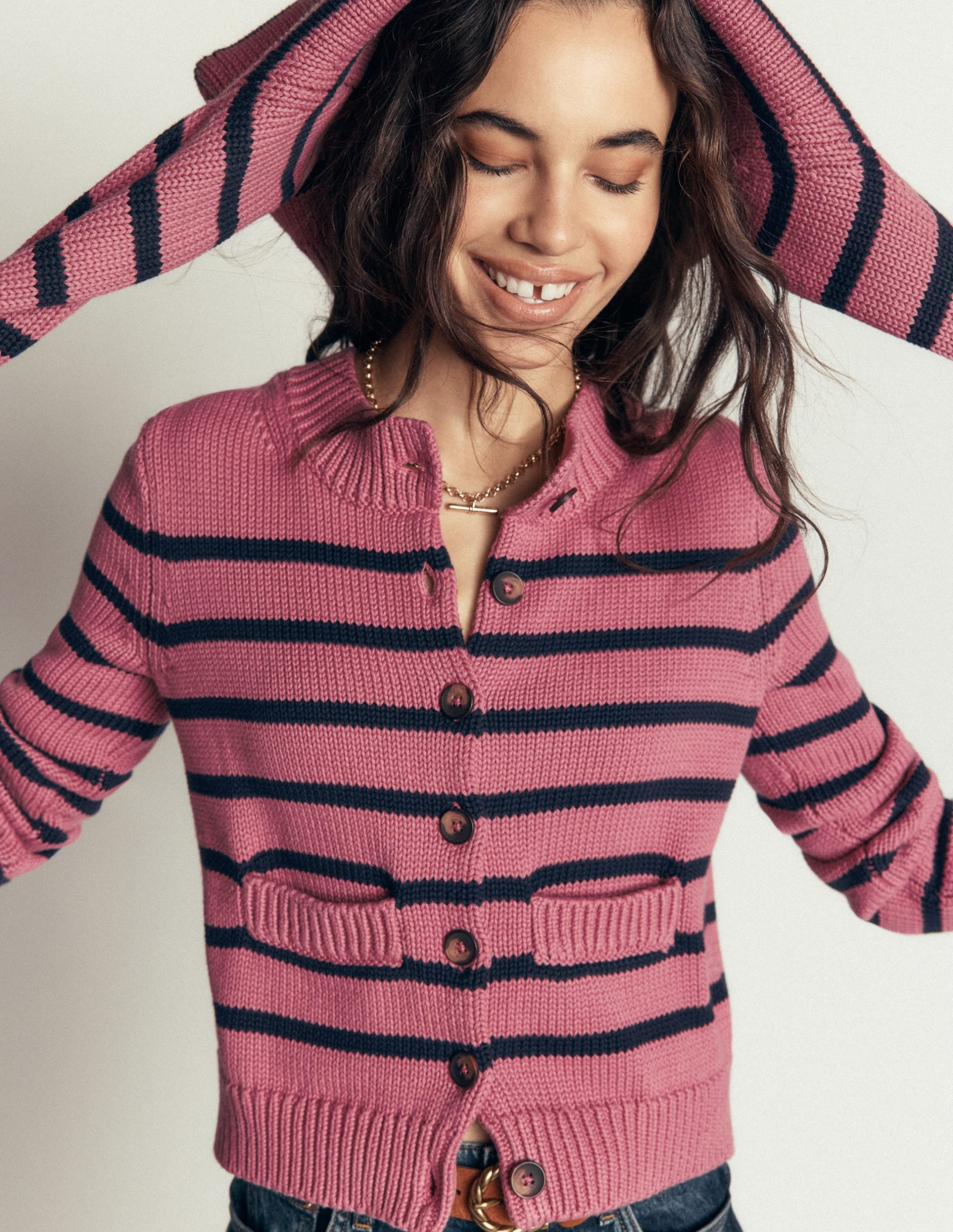Lucy Chunky Cotton Cardigan-Pink Heather. Navy Stripe