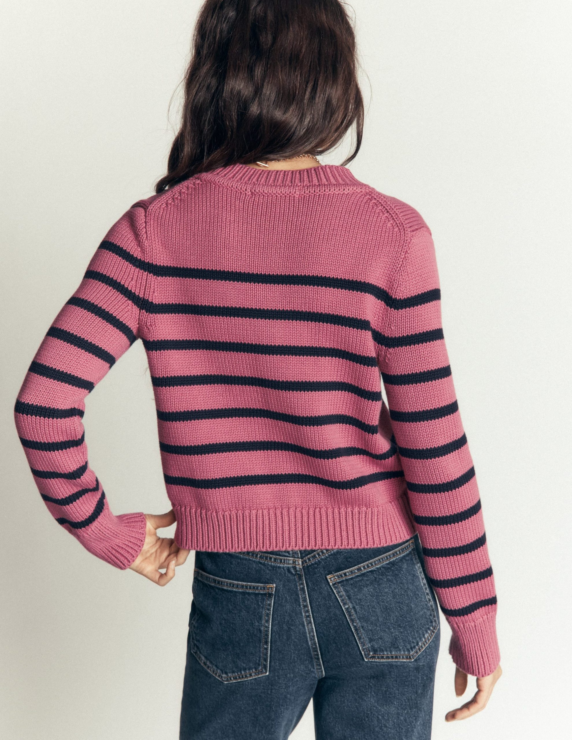 Lucy Chunky Cotton Cardigan-Pink Heather. Navy Stripe - Image 3