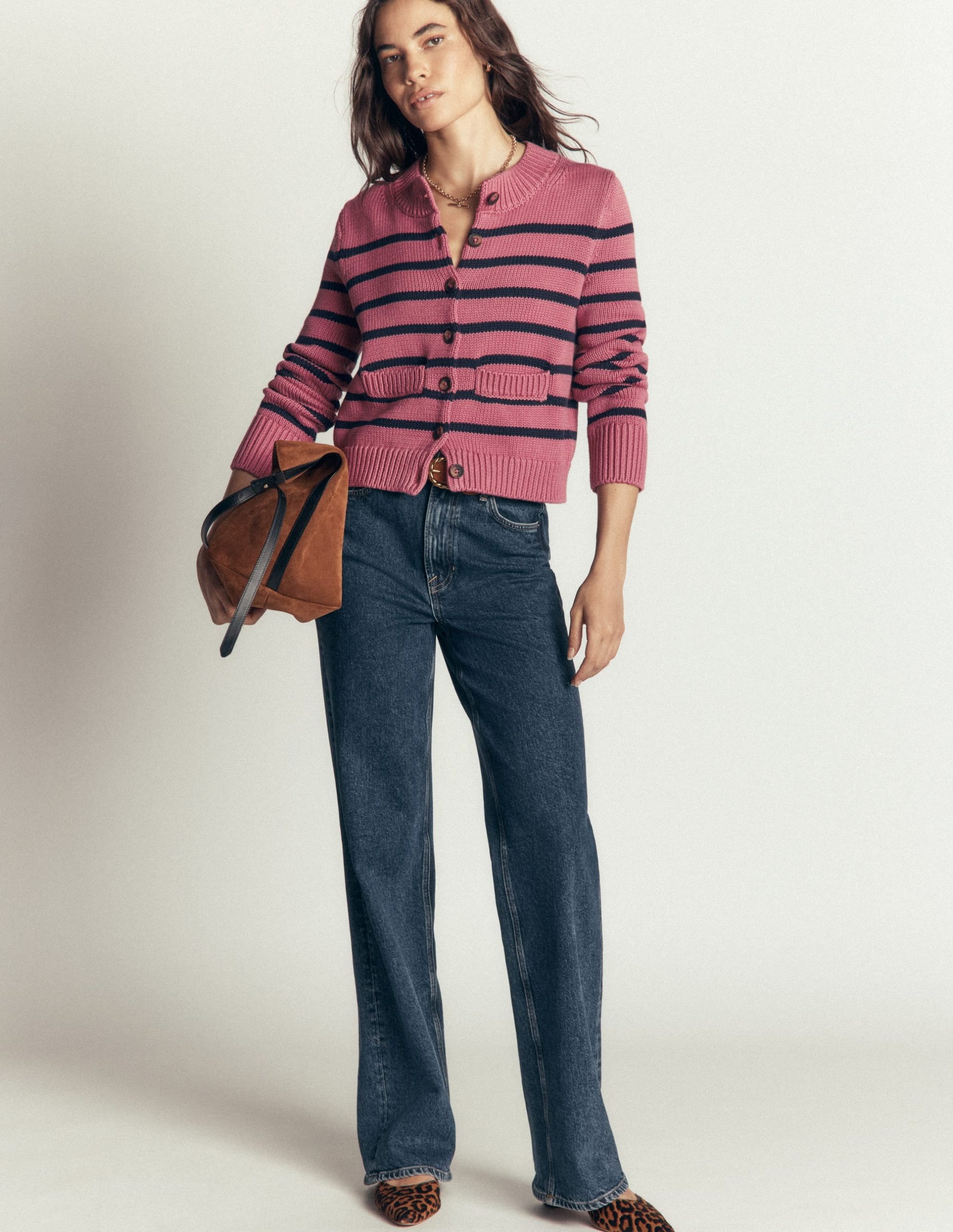 Lucy Chunky Cotton Cardigan-Pink Heather. Navy Stripe - Image 4