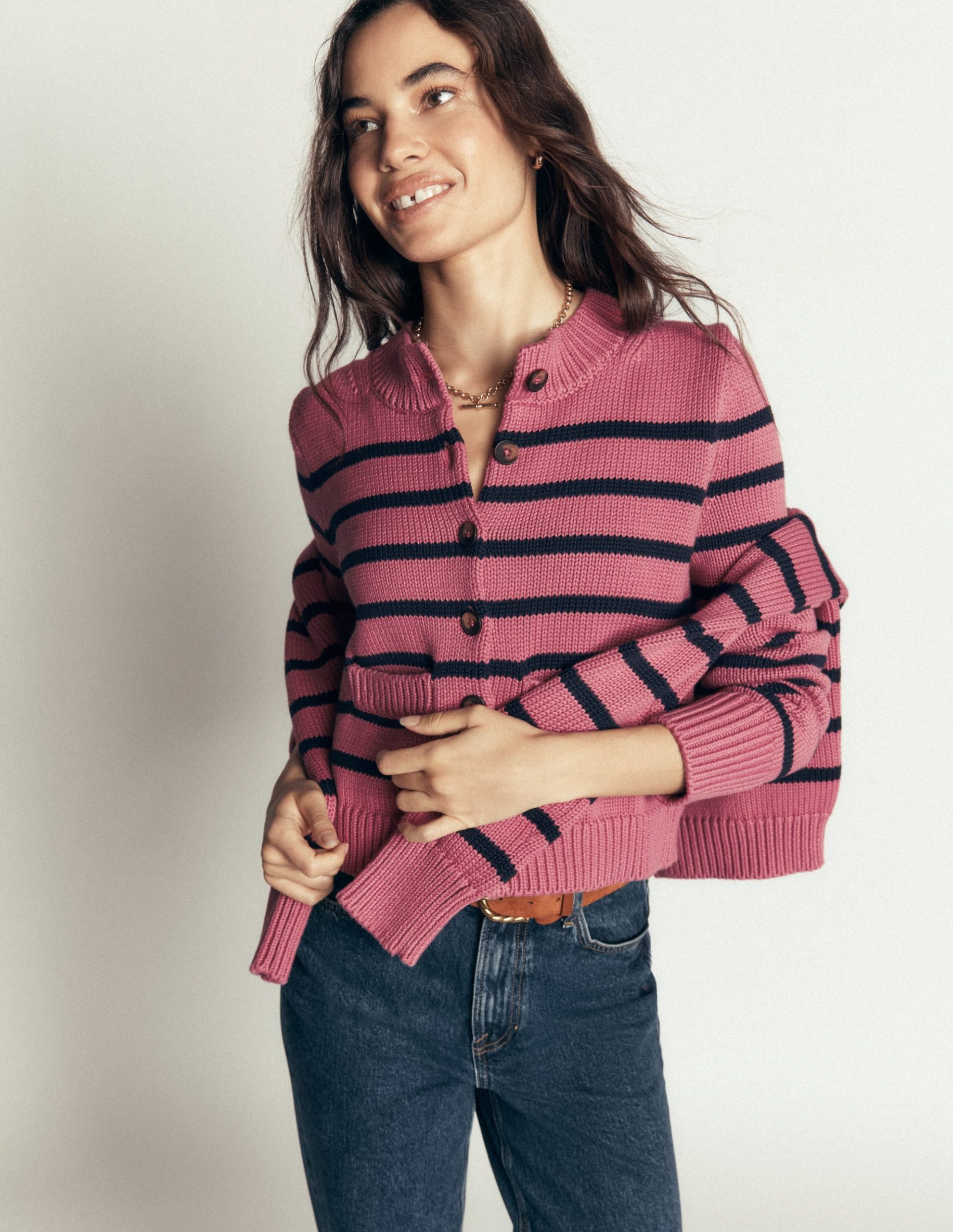 Lucy Chunky Cotton Cardigan-Pink Heather. Navy Stripe - Image 5