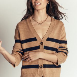 Lucy Relaxed Cotton Cardigan-Camel Melange. Stripe