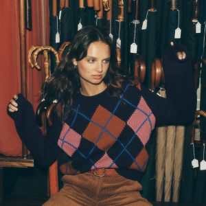 Lucy Chunky Cotton Sweater-navy. pink and brown argyle