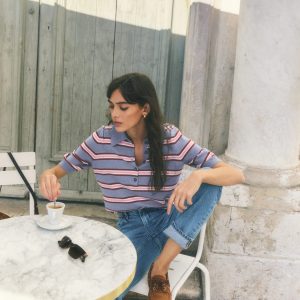 Collared Knitted T-shirt-Blue Aura. Stripe