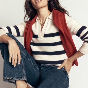 Lucy Cotton Henley Sweater-Ivory. Navy Stripe