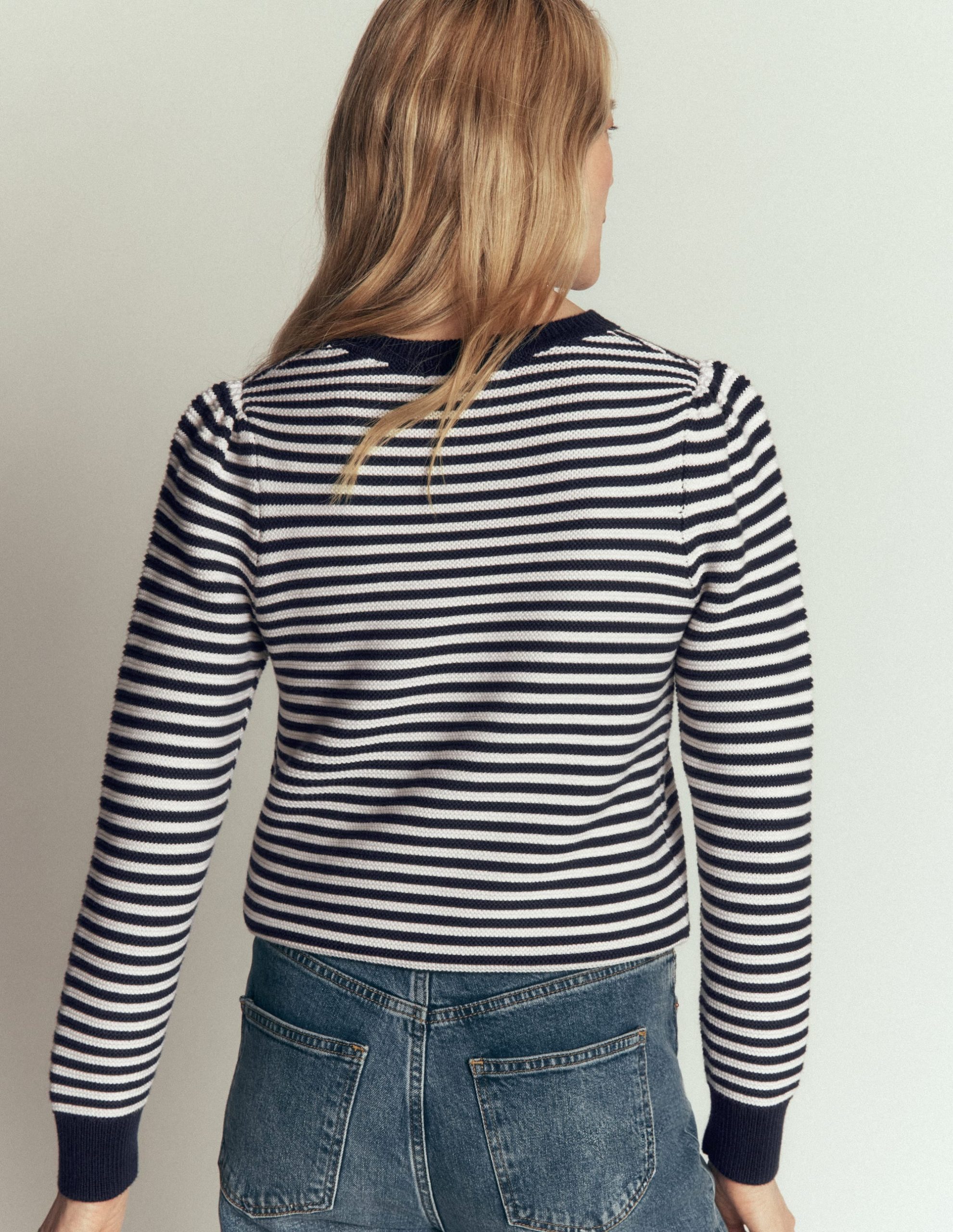 Textured Stitch Jumper-Navy. Ivory - Image 3