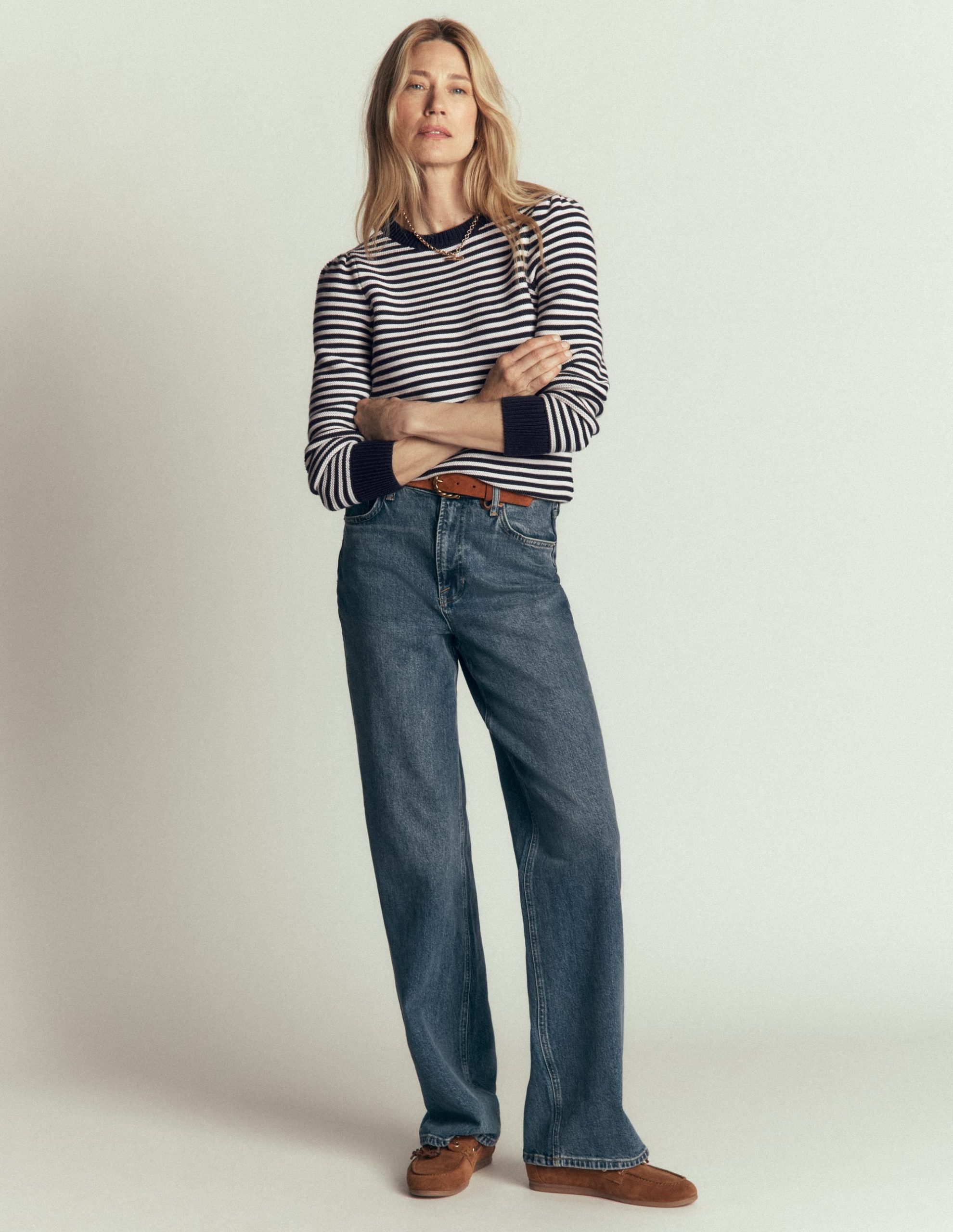 Textured Stitch Jumper-Navy. Ivory - Image 4