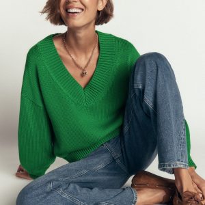 Lucy Cotton V-neck Sweater-Highland Green