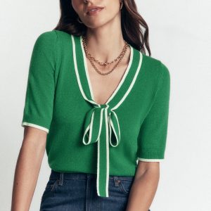 Bow Neck Knitted T-shirt-Fresh Green