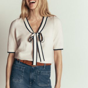 Bow Neck Knitted T-shirt-Ivory