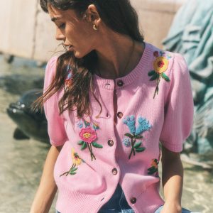 Puff Sleeve Cotton Cardigan-Blossom Pink. Embroidered