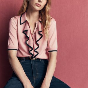 Ruffle Collar Knitted T-Shirt-Blush Ivory