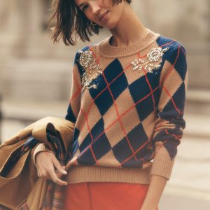 Embellished Jacquard Sweater-Camel Melange Argyle