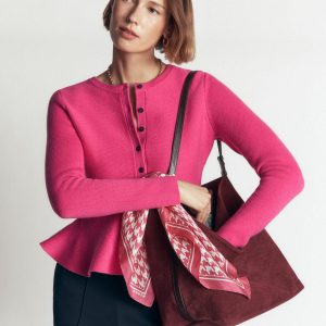 Fitted Wool Peplum Cardigan-Pink