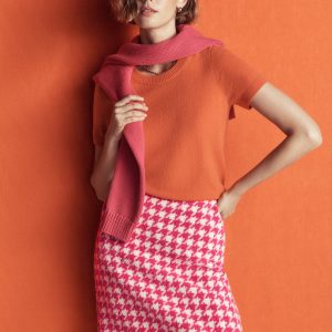 Wool Blend A-Line Skirt-Pink Dogstooth