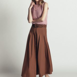 Button Front Pleated Skirt-Raw Umber