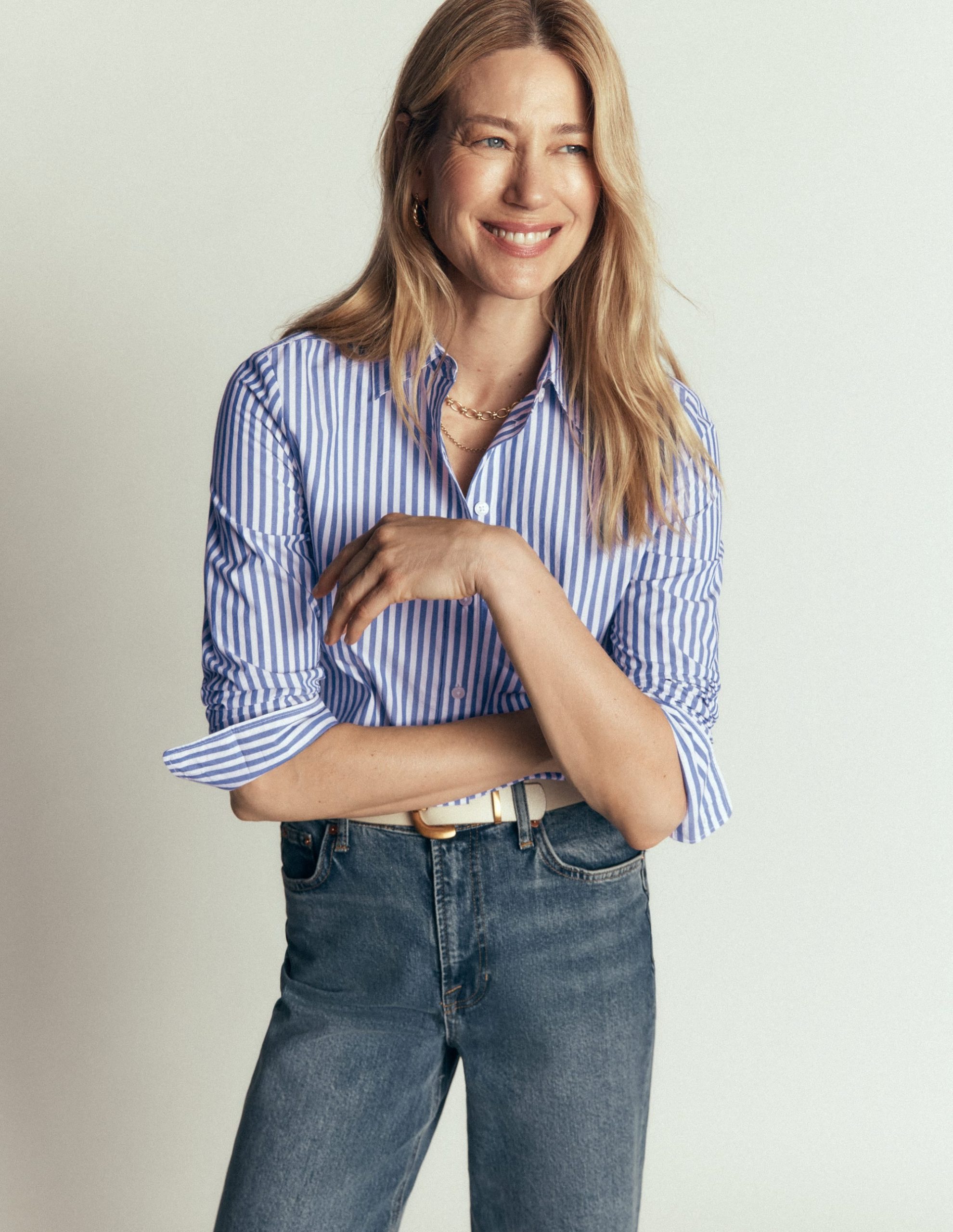 The New Sienna Cotton Shirt-Bright Blue. Ivory Stripe