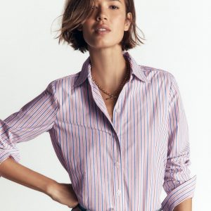 The New Sienna Cotton Shirt-Blue. Jam Red Stripe