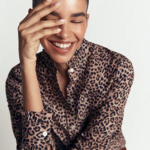 Sienna Frill Cotton Shirt-Demerara. Brushed Animal