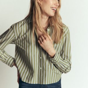 Sienna Cropped Cotton Shirt-Olive. Navy Tram Stripe