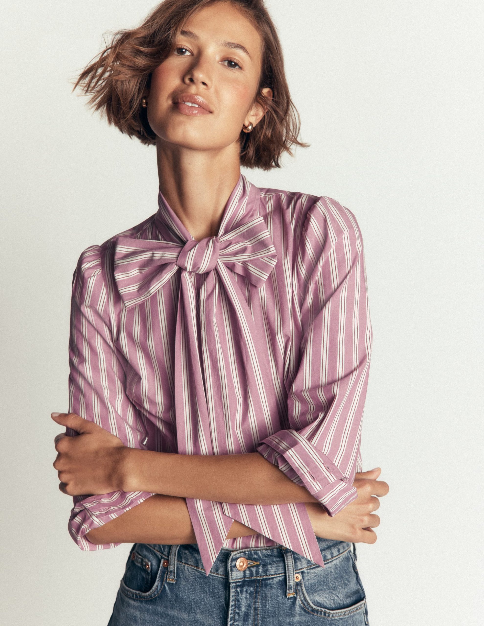 Clara Tie Neck Shirt-Pink. Maroon Tram Stripe - Image 2