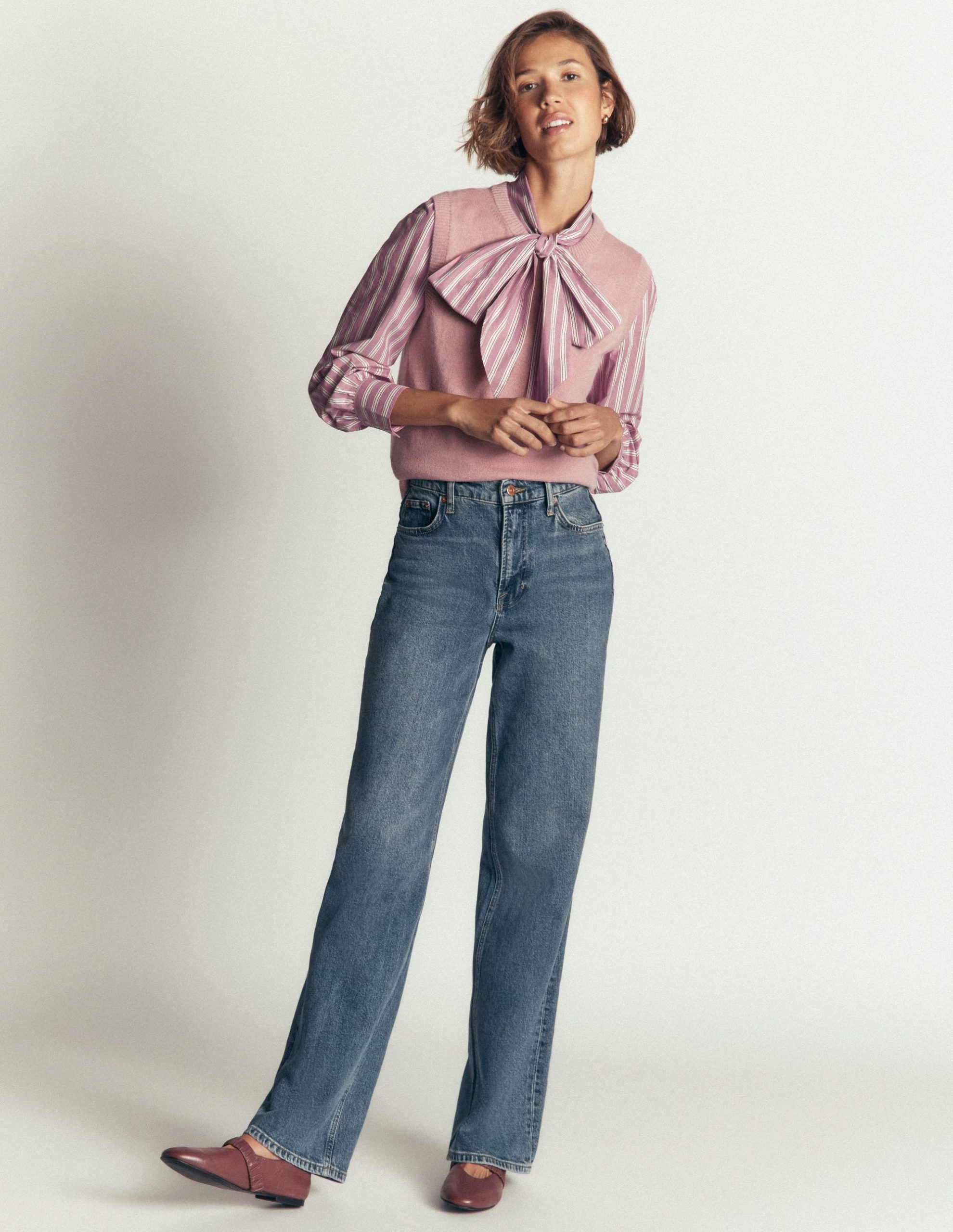Clara Tie Neck Shirt-Pink. Maroon Tram Stripe - Image 6