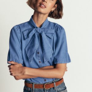 Tie Neck Denim Top-Light Vintage