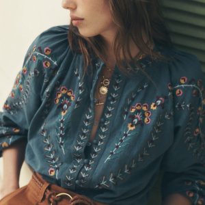 Raglan Embroidered Top-Mid Blue