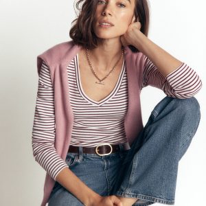 Annie Essential V Neck Top-Deep Wisteria and Ivory Stripe