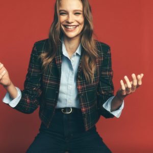 Dartmouth Wool Blend Blazer-Green. Navy and Red Check