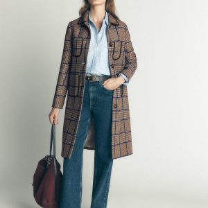 Patch Pocket Wool Blend Coat-Maroon. Teal Prince of Wales