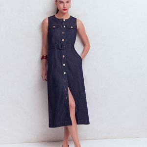 Gold Button Denim Midi Dress-Indigo