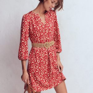 Cathy Notch Neck Jersey Dress-Merida Red. Ikat