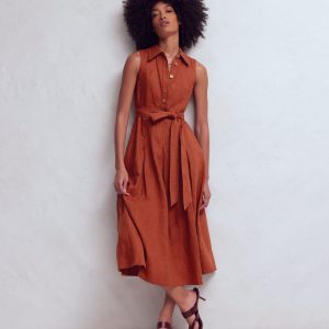 Belinda Linen Shirt Dress-Burnt Orange