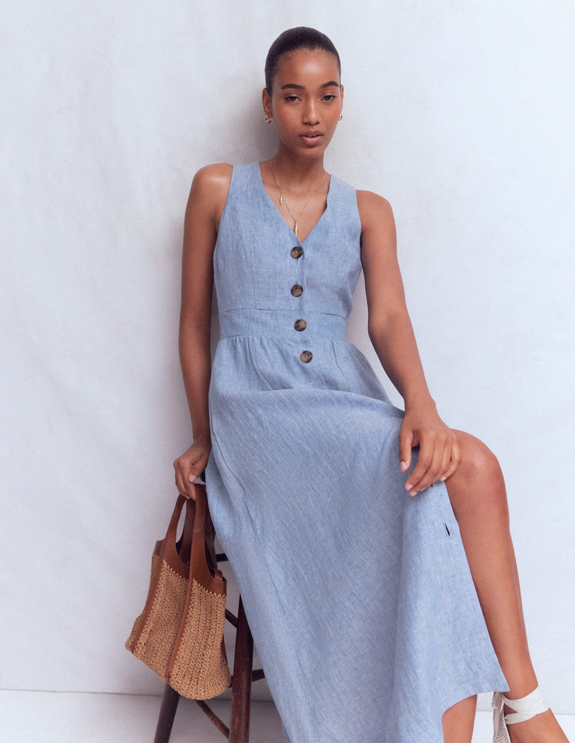 Catherine Button Linen Dress-Chambray - Image 4