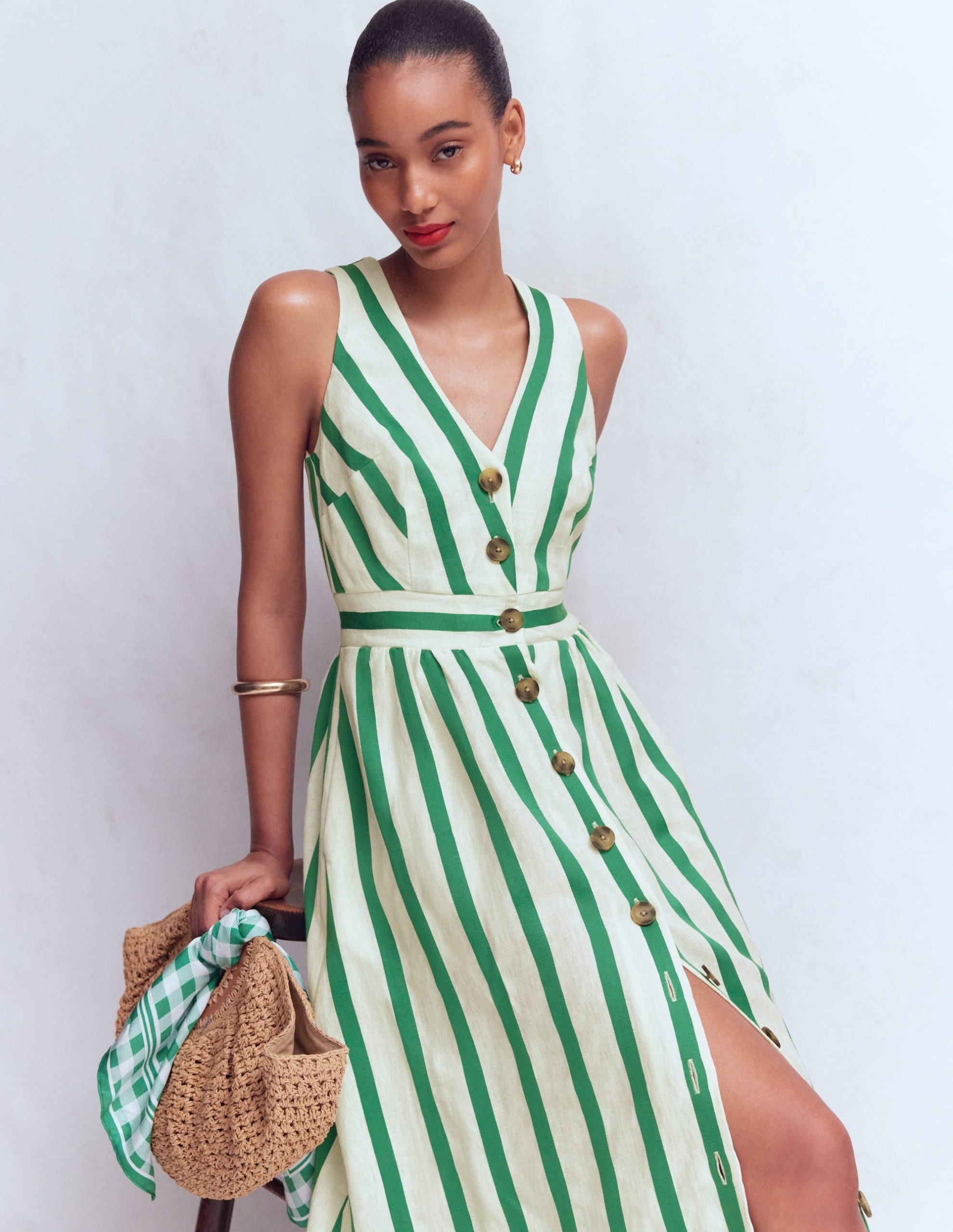 Catherine Button Linen Dress-Ivory and Green Satin Stripe - Image 2