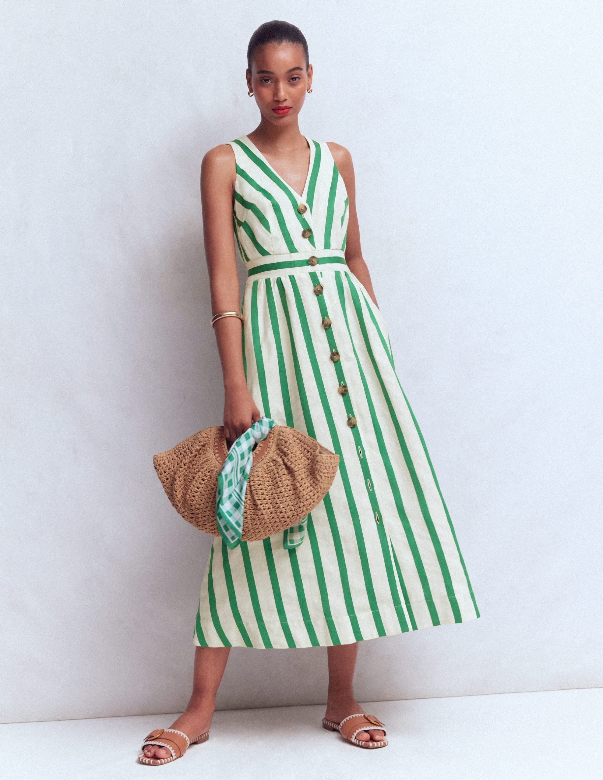 Catherine Button Linen Dress-Ivory and Green Satin Stripe - Image 5