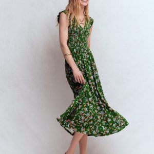 Smocked Jersey Midi Dress-Promenade Green. Bloom Scatter