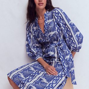 Octavia Cotton Dress-Blue Ivory Embroidery