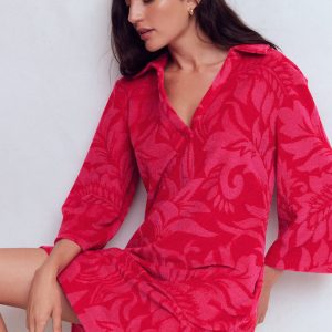 Short Collared Towelling Dress-Merida Red. Ornamental Foliage