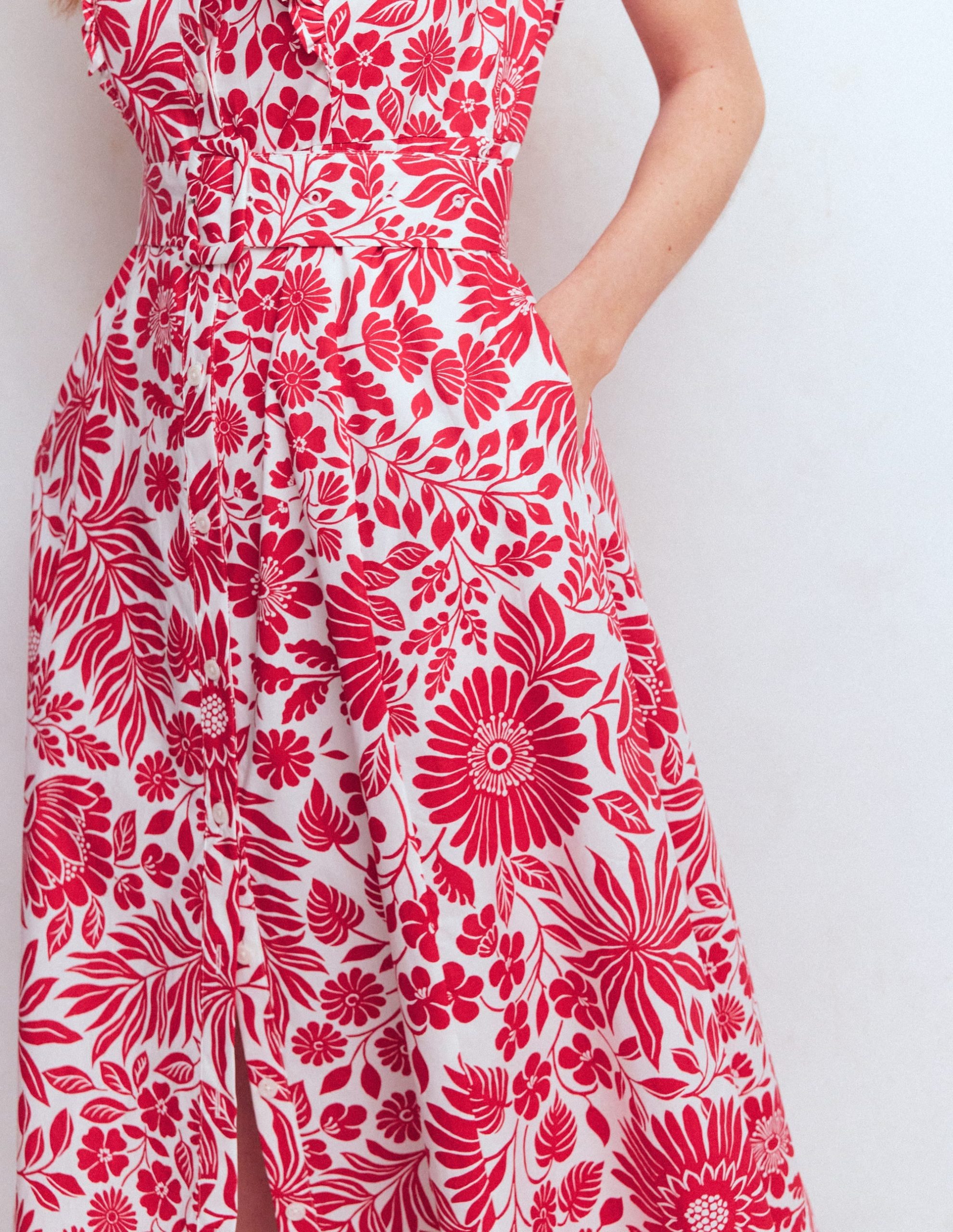Ruffle Bodice Shirt Dress-Merida Red. Flowerbed Bloom - Image 2