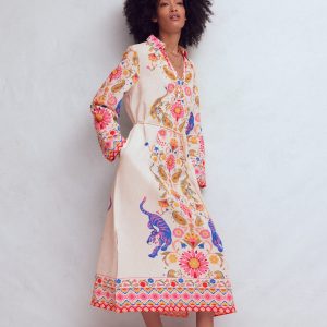 Notch Collar Linen Blend Tunic-Multi Tiger Tapestry