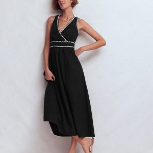 Lorna Trim Double Cloth Dress-Black Ivory