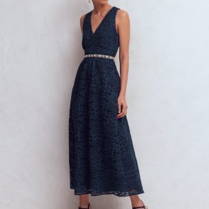 Lace Plunge Neck Panel Dress-Navy